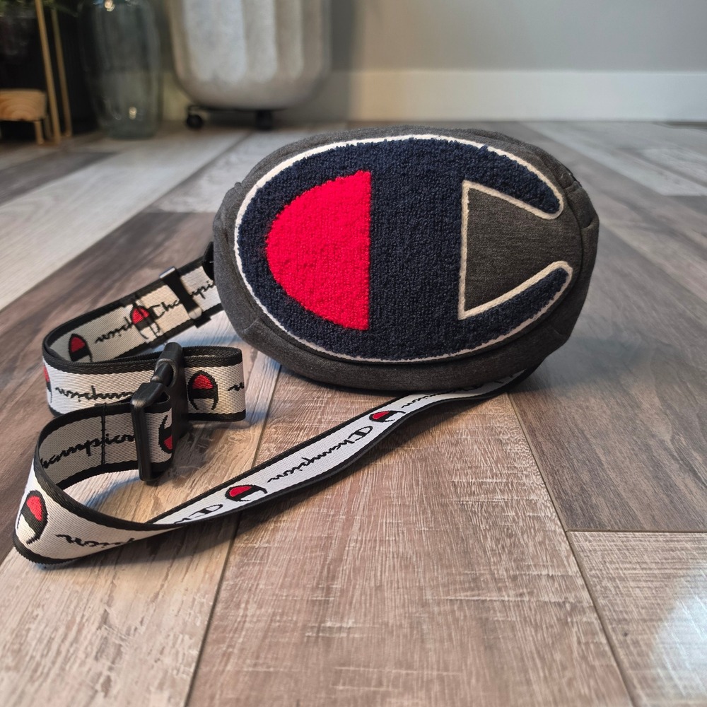 Champion Waist Bag Unisex OS Dark Gray Excellent Chenille Big C Logo Fanny Pack